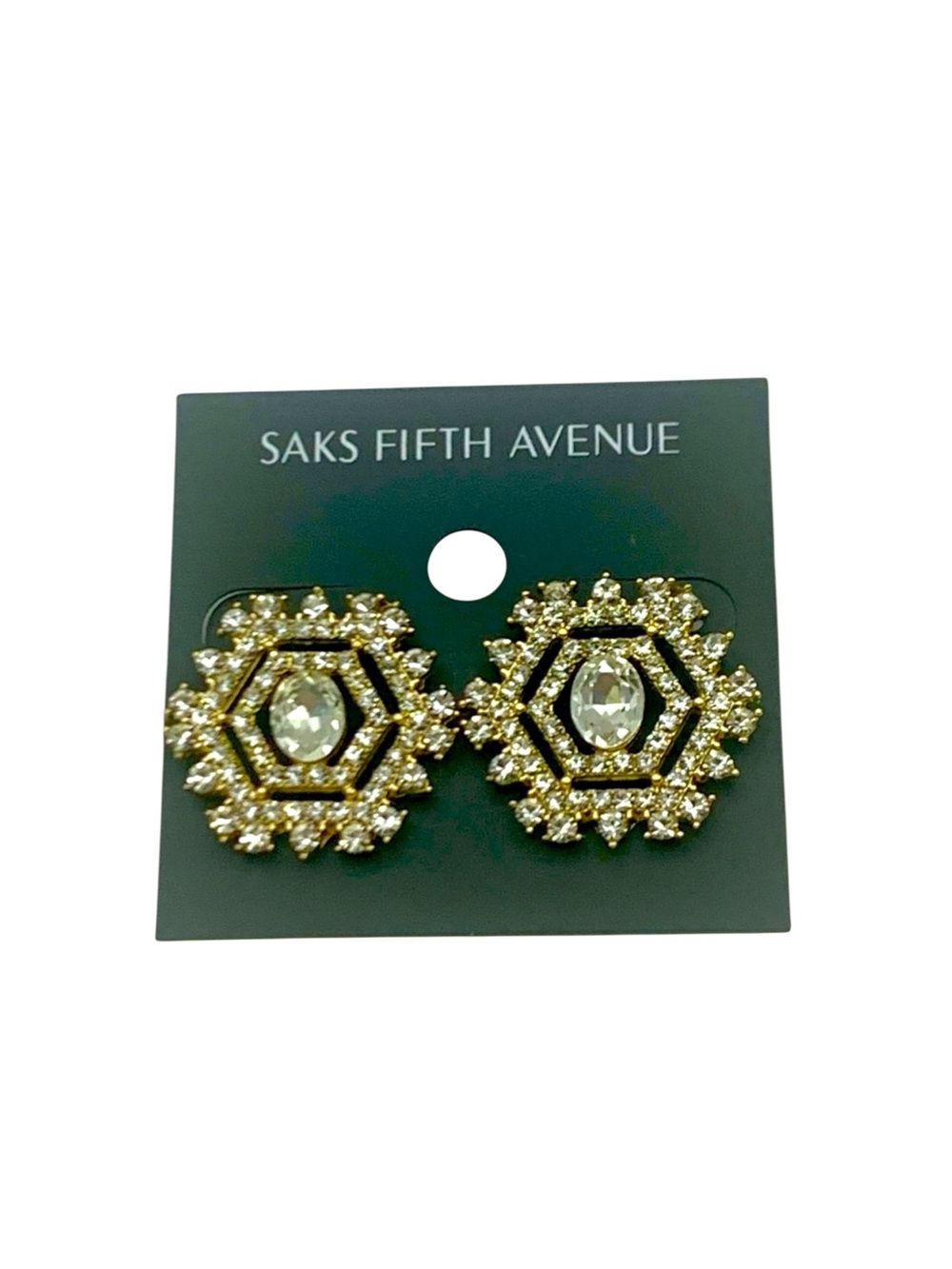 Saks Fifth Avenue Gold Plated & Clear Crystal Octagon Costume Jewelry Earrings - Picture 1 of 4